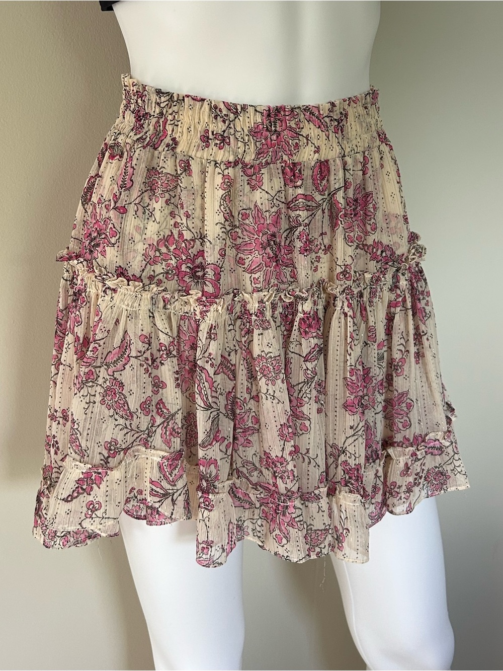 MISA Los Angeles Floral Tiered Ruffle Mini Skirt XS Pink Cream Boho Made USA